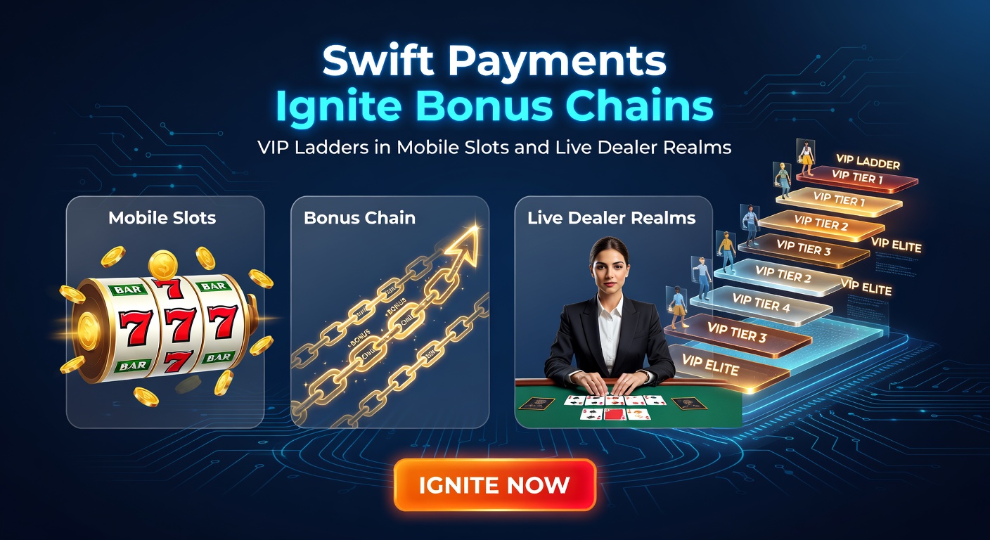 Detaillierte Darstellung von Bonus-Ketten, die durch Swift Payments in Live Dealer Tischen und Mobile Slots explodieren, mit VIP-Leiter-Elementen und Zahlungsikonen